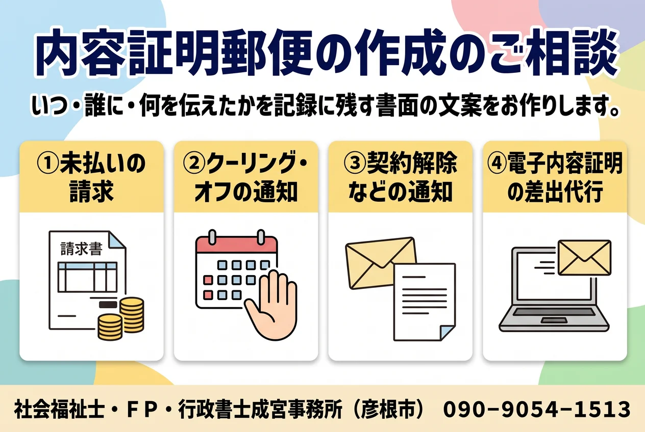 内容証明郵便の作成のご相談。未払いの請求、クーリング・オフの通知、契約解除などの通知、電子内容証明の差出代行、の4点を示した図