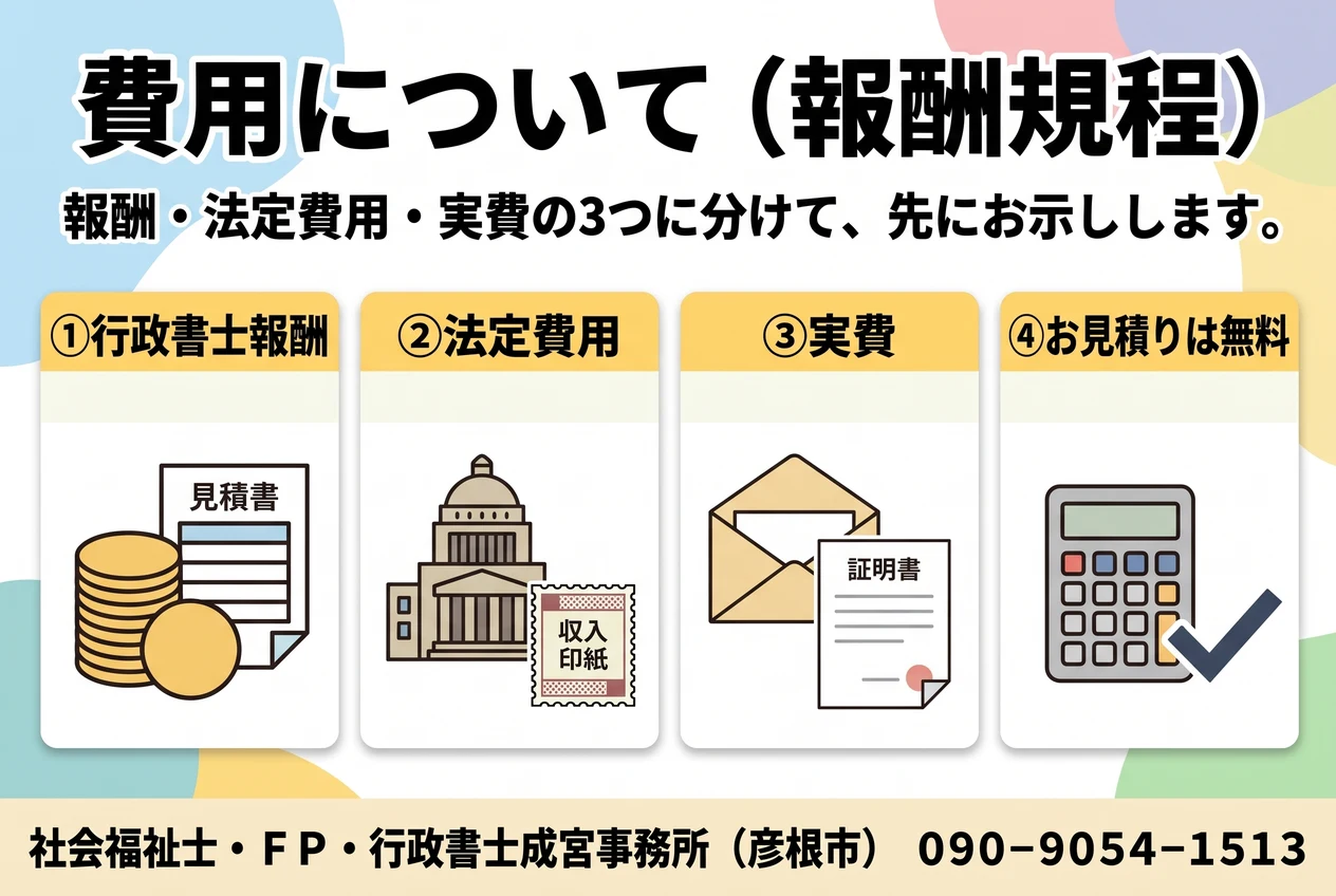 費用について(報酬規程)。行政書士報酬、法定費用、実費、お見積りは無料、の4点を示した図